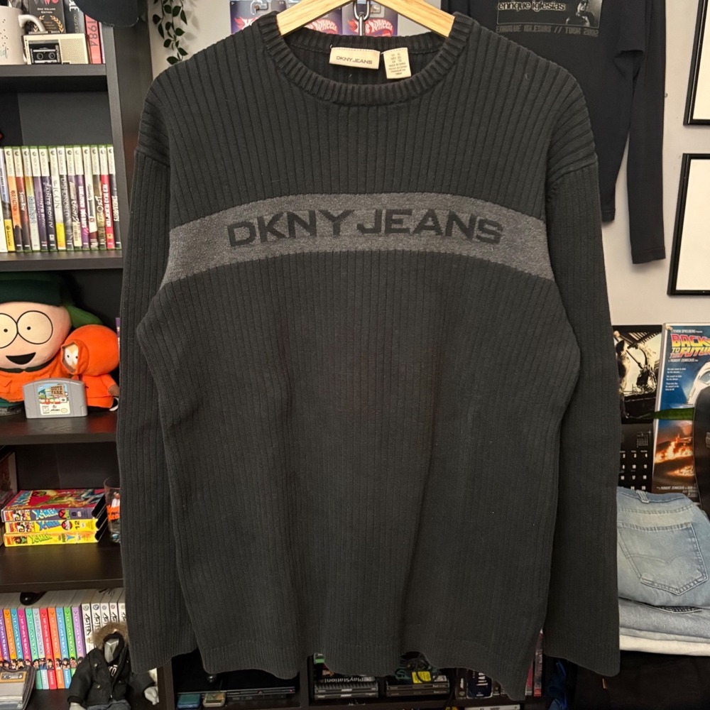 Vtg 00s DKNY Jeans Mens Ribbed Knit Sweater Black Grey Logo Stripe Crewneck XL